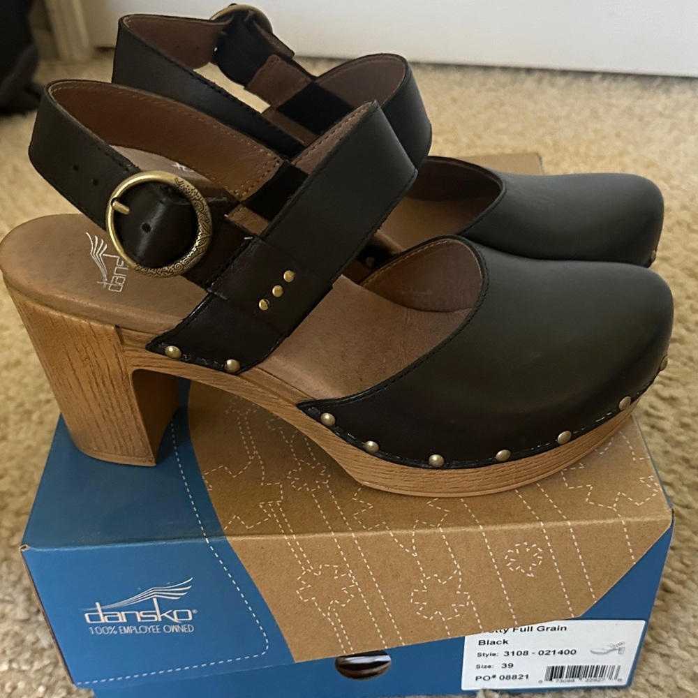 Dansko Black Leather Heeled Mules